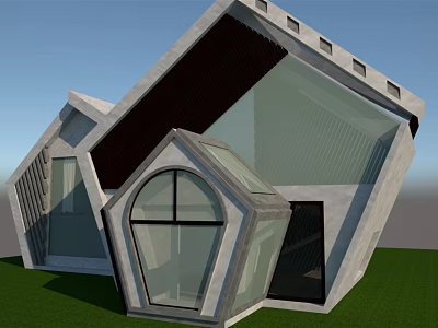 Modern Geometric Architectural Design With Concrete Glass Structure Sloped Roof On Lawn 3d model
