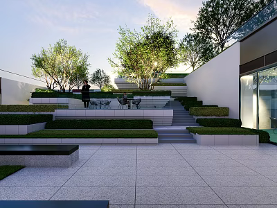 Modern Garden Landscape Featuring Terraced Green Lawns Shrubs White Walls And Stone Pavement 3d model