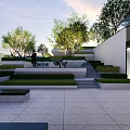 Modern Garden Landscape Featuring Terraced Green Lawns Shrubs White Walls And Stone Pavement