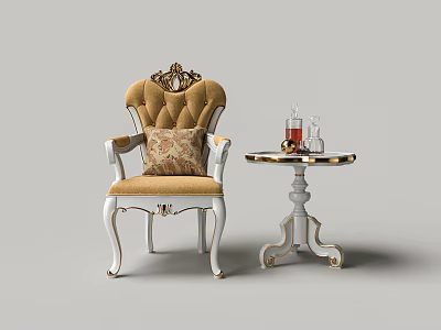 Classic Ornate Dining Chair With Golden Upholstery And Patterned Cushion Beside Small Round Table 3d model