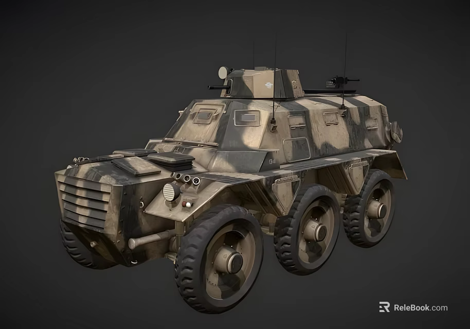 Camouflaged Armored Functional Vehicle With Multiple Wheels And Mounted Machine Gun 3d model 