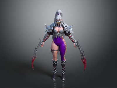 Detailed Game Movie Character with Silver Armor Purple Tight Pants and Red Bladed Weapons 3d model