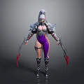 Detailed Game Movie Character with Silver Armor Purple Tight Pants and Red Bladed Weapons