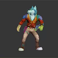 Anthropomorphic Wolf Character 3D Model With Red Jacket Blue Shoulders Beige Pants Yellow Gloves Standing Pose