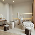 Elegant SPA Room Interior Design With Massage Beds Stools Vanity Table And Soft Lighting