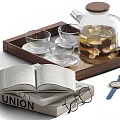Elegant Decorative Item Set with Wooden Tray Glass Kettle Cups Books Glasses and Watch