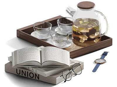 Elegant Decorative Item Set with Wooden Tray Glass Kettle Cups Books Glasses and Watch 3d model