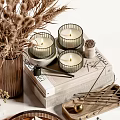 Decorative Ornament Set With Dried Wheat Bouquet Reed Diffuser Bottles Candles Clock And Books