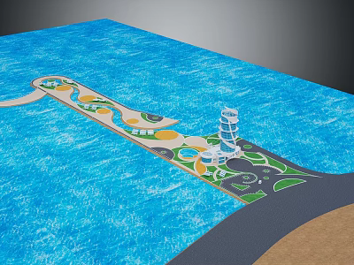 Cartoon Water Park Scene with Long Island Spiral Tower Green Areas and Yellow Sections 3d model