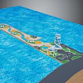 Cartoon Water Park Scene with Long Island Spiral Tower Green Areas and Yellow Sections