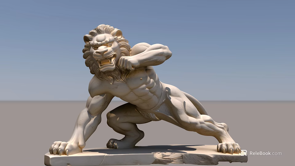 Marble Lion Sculpture With Muscular Posture And Stone Base For Architectural Decoration 3d model 