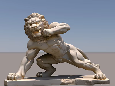 Marble Lion Sculpture With Muscular Posture And Stone Base For Architectural Decoration 3d model