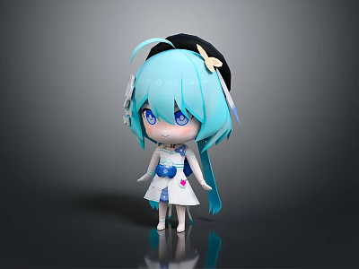 Chibi Cartoon Character With Light Blue Hair Black Hat And White Blue Dress Blue Eyes 3d model