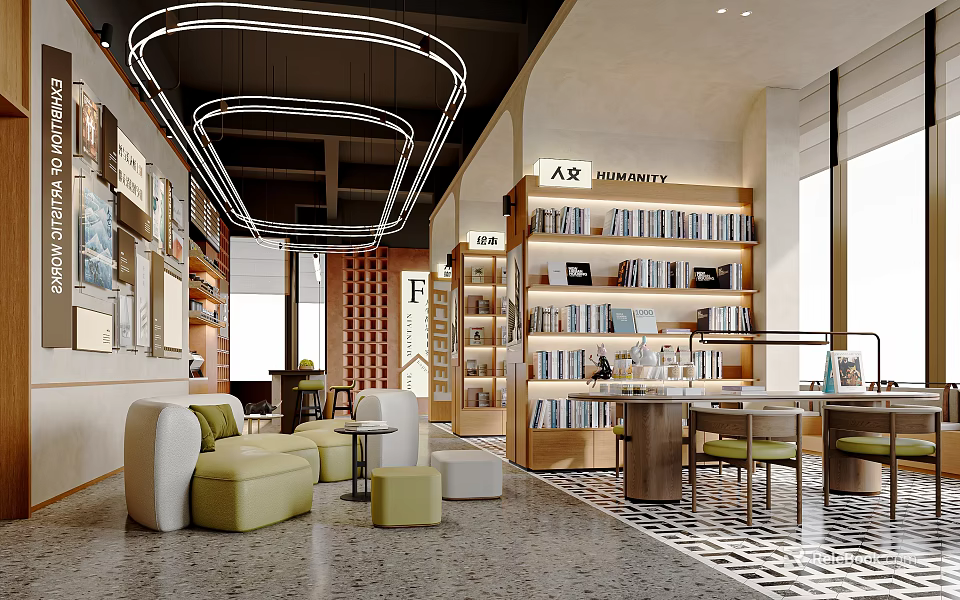 Art Meets Book In Modern Interior Space With Cozy Seating 3d model 