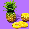 Fresh Whole Pineapple with Green Leaves Halved and Sliced Rings on Purple Background