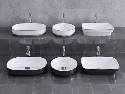 Modern Ceramic Washbasins with Different Shapes and Colors on Gray Tiled Bathroom Wall 3d model