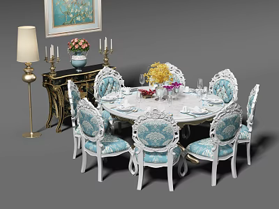 Elegant Dining Table Set with Round Table Blue White Chairs Golden Sideboard and Decorative Painting 3d model