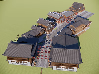 Traditional Architecture Commercial Street With Tiled Roofs Red Umbrellas And Shops 3d model