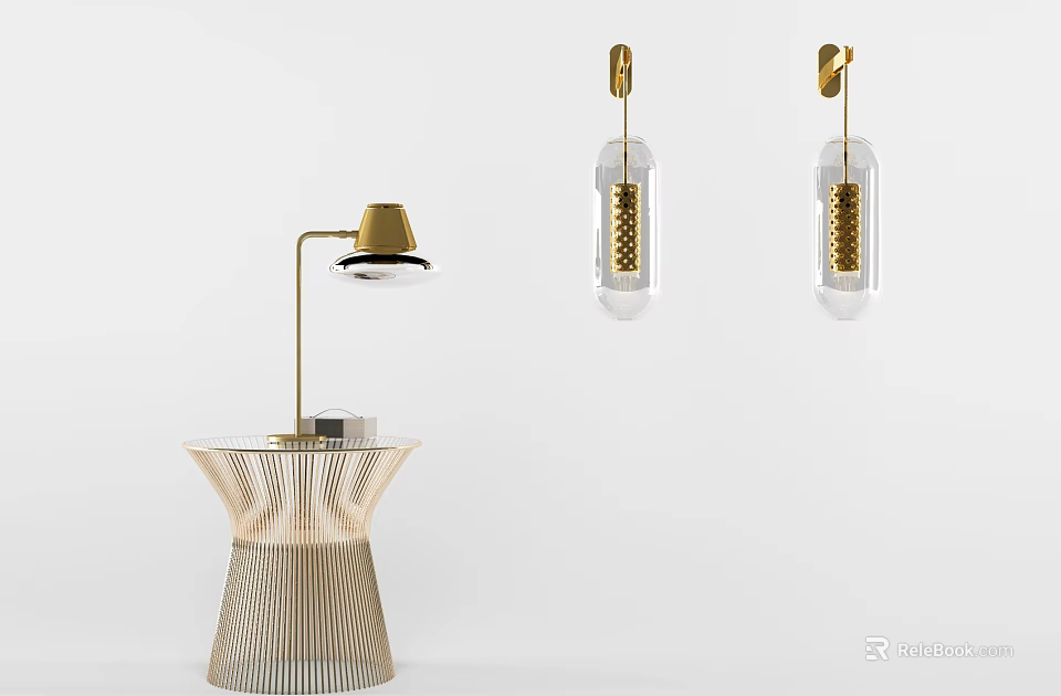 Modern Lighting Combination With Gold Table Lamp Striped Base And Glass Pendant Lights 3d model 