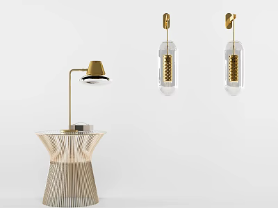 Modern Lighting Combination With Gold Table Lamp Striped Base And Glass Pendant Lights 3d model