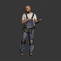 Male Worker In Denim Overalls With Knee Pads Standing And Gesturing On Gray Background