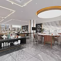 Elegant Restaurant Interior With Tableware Display Shelves Fresh Fruits Warm Lighting And Polished Countertops