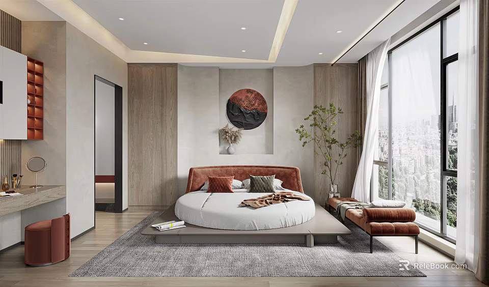 Modern Bedroom Interior With Round Bed Red Headboard Brown Armchair And City View Decorative Painting 3d model 