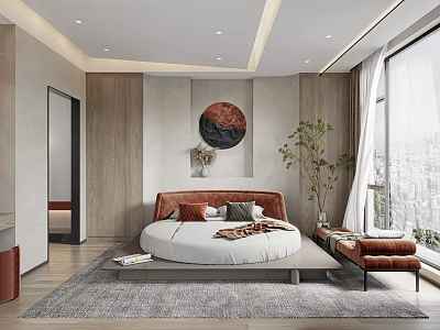 Modern Bedroom Interior With Round Bed Red Headboard Brown Armchair And City View Decorative Painting 3d model