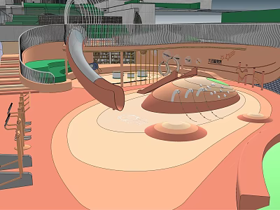 Kids Play Area With Curved Slide Circular Play Structure And Orange Beige Floor 3d model