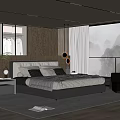Modern Bedroom Interior With Wooden Headboard Open Closet And Floor To Ceiling Window
