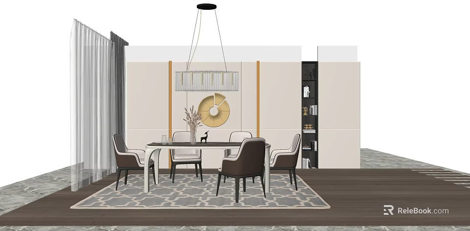 Modern Dining Table Set With White Top Brown Chairs Hanging Chandelier And Patterned Rug 3d model