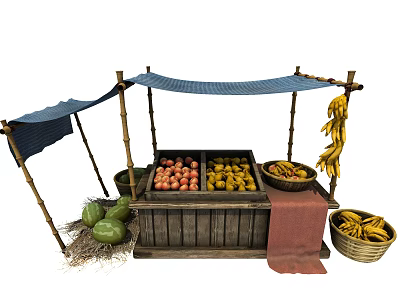 Traditional Fruit Stall With Bamboo Frame Canopy Wooden Crates Apples Yellow Fruits Watermelons And Bananas 3d model