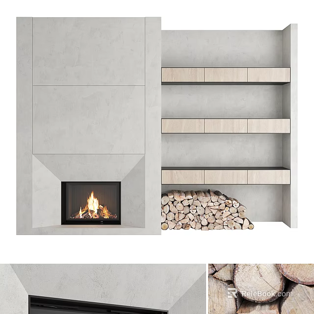 Modern Concrete Fireplace Interior With Burning Flames Wooden Shelves And Stacked Firewood 3d model 