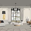 Elegant Living Room Interior With White Sofa Chandelier Large Windows And Coffee Table