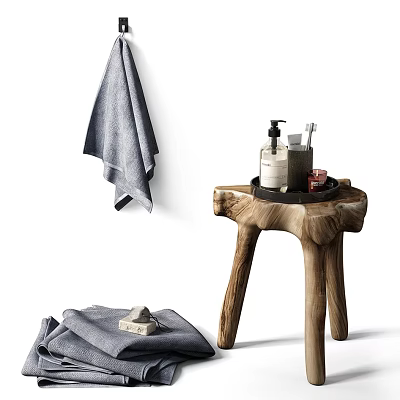 Rustic Bathroom Accessories With Gray Towels Soap Dispenser Toothbrush And Soap Bar On Wooden Stump 3d model