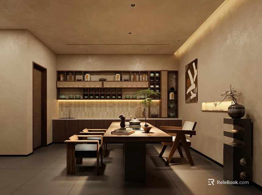 Traditional Teahouse Interior Design Featuring Wooden Table Chairs Tea Sets Display Shelves And Green Plant 3d model 