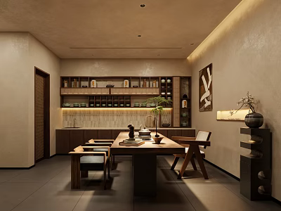 Traditional Teahouse Interior Design Featuring Wooden Table Chairs Tea Sets Display Shelves And Green Plant 3d model