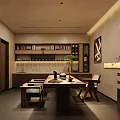 Traditional Teahouse Interior Design Featuring Wooden Table Chairs Tea Sets Display Shelves And Green Plant