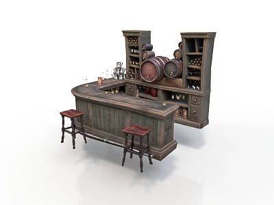 Vintage Bar Interior Featuring Wooden Counter Stools Barrels And Wine Racks 3d model