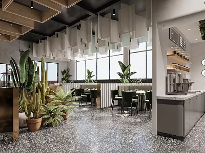 Modern Restaurant Interior With Hanging Decor Large Windows And Green Plants 3d model