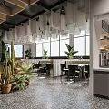 Modern Restaurant Interior With Hanging Decor Large Windows And Green Plants