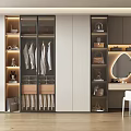 Modern Minimalist Wardrobe Interior Design With Glass Doors Clothing Drawers Dressing Table And Mirror Chair