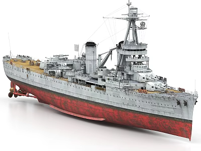 Vintage Large Warship With Gray Red Hull Mast Turret And Deck Equipment 3d model