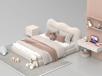 Cozy Kids Bed Design With Curved Headboard Pillows Stuffed Toys And Rug 3d model