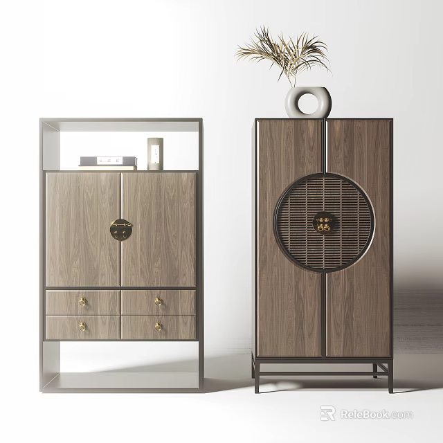 Modern Wooden Decorative Cabinets With Brass Handles Drawers And Circular Lattice 3d model 