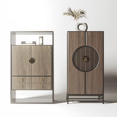 Modern Wooden Decorative Cabinets With Brass Handles Drawers And Circular Lattice 3d model