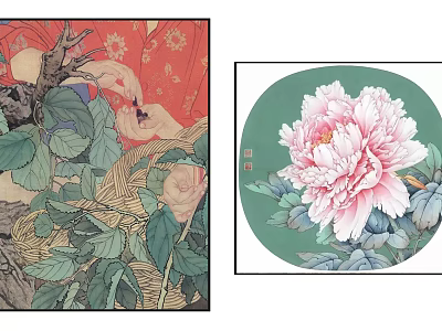 Traditional Chinese Paintings With Peony Green Leaves Red Background And Circular Design 3d model