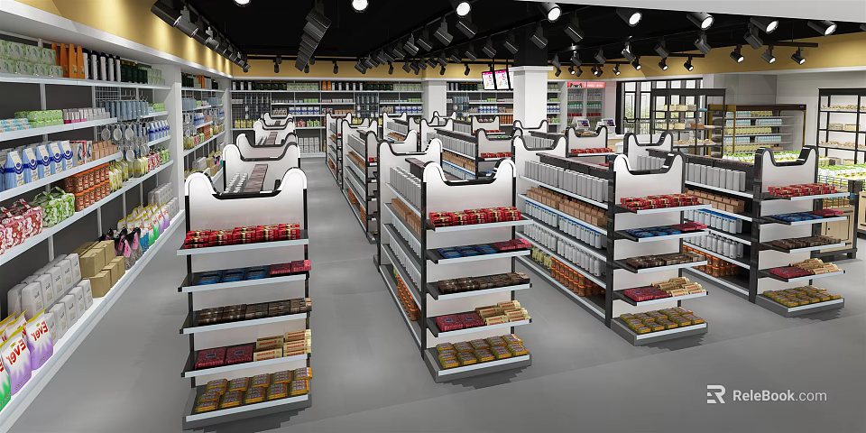 Supermarket Interior With Shelves Displaying Various Department Store Products And Items 3d model 