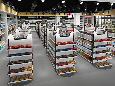 Supermarket Interior With Shelves Displaying Various Department Store Products And Items 3d model