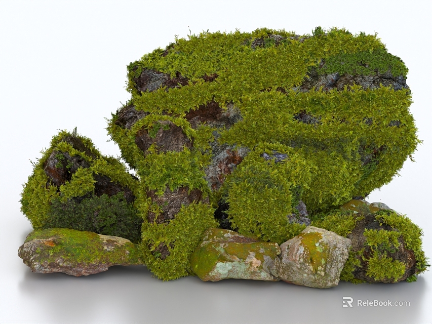 Moss Covered Stone and Wood Natural Decorative Elements for Outdoor Gardens 3d model 